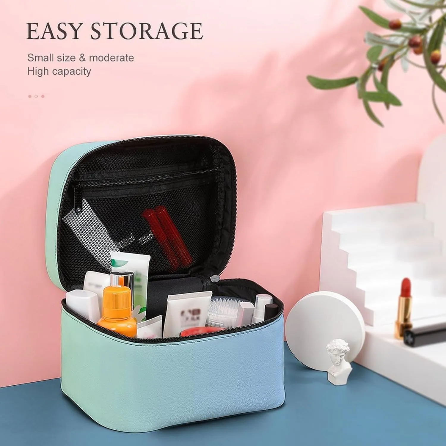 Leather Cosmetic Case, Blue Green Ombre Portable Makeup Bag Organizer Large Capacity Travel Toiletry Bag with Zipper