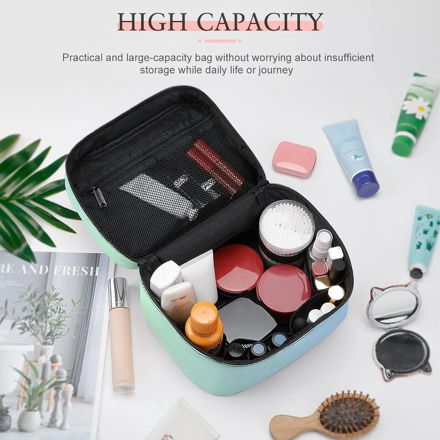 Leather Cosmetic Case, Blue Green Ombre Portable Makeup Bag Organizer Large Capacity Travel Toiletry Bag with Zipper