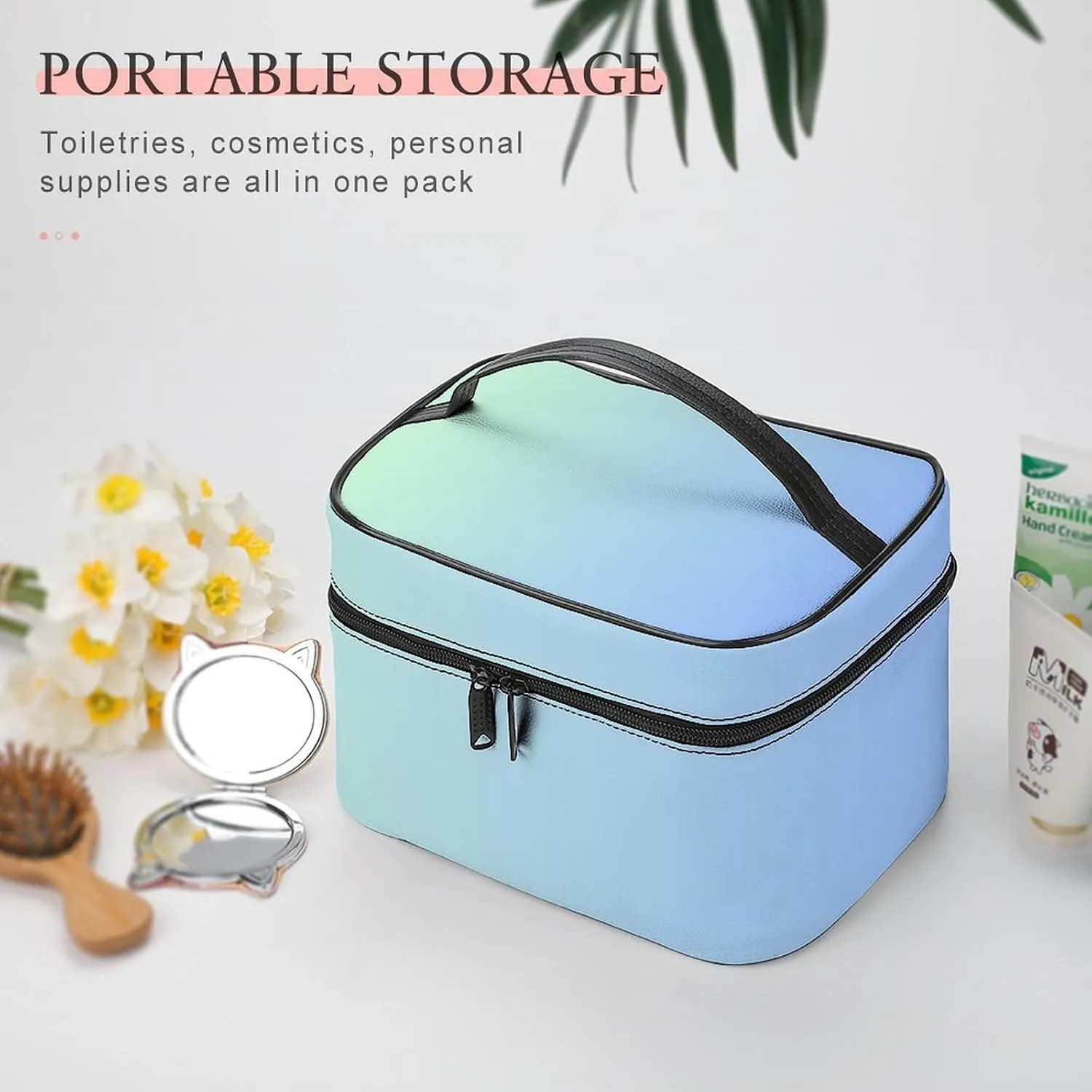 Leather Cosmetic Case, Blue Green Ombre Portable Makeup Bag Organizer Large Capacity Travel Toiletry Bag with Zipper