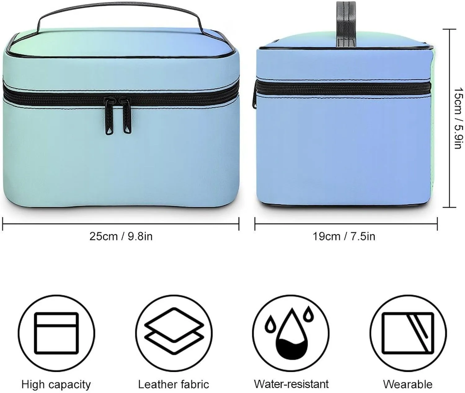 Leather Cosmetic Case, Blue Green Ombre Portable Makeup Bag Organizer Large Capacity Travel Toiletry Bag with Zipper