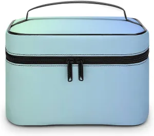 Leather Cosmetic Case, Blue Green Ombre Portable Makeup Bag Organizer Large Capacity Travel Toiletry Bag with Zipper