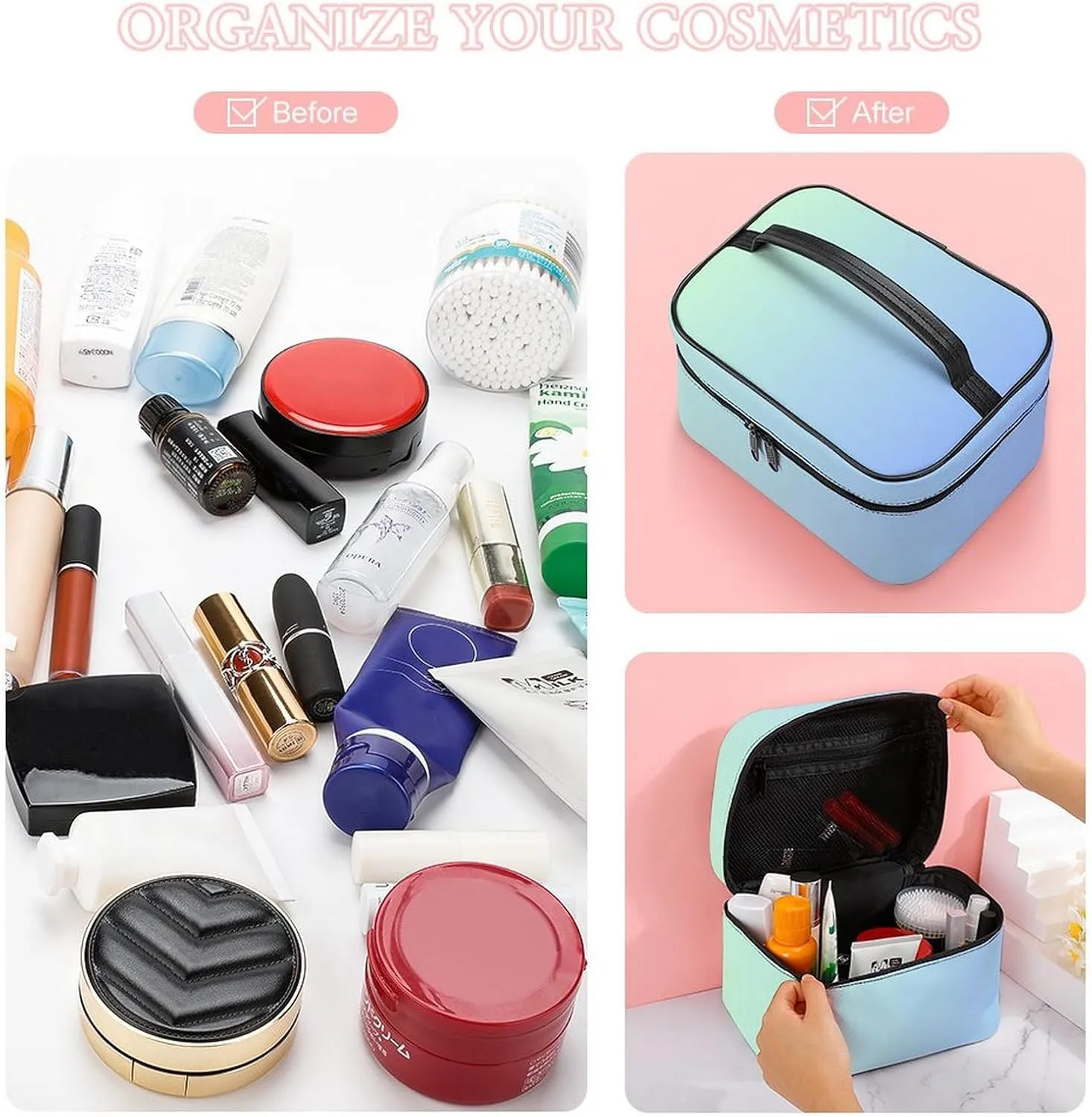 Leather Cosmetic Case, Blue Green Ombre Portable Makeup Bag Organizer Large Capacity Travel Toiletry Bag with Zipper