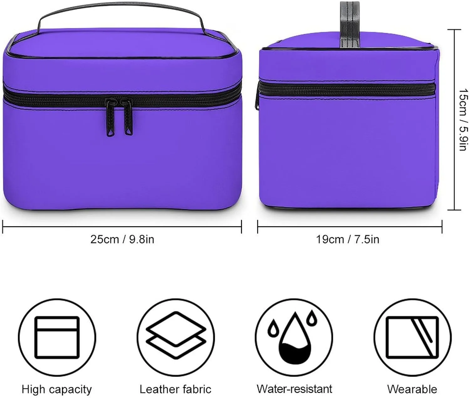 Leather Cosmetic Case, Bright Purple Portable Makeup Bag Organizer Large Capacity Travel Toiletry Bag with Zipper