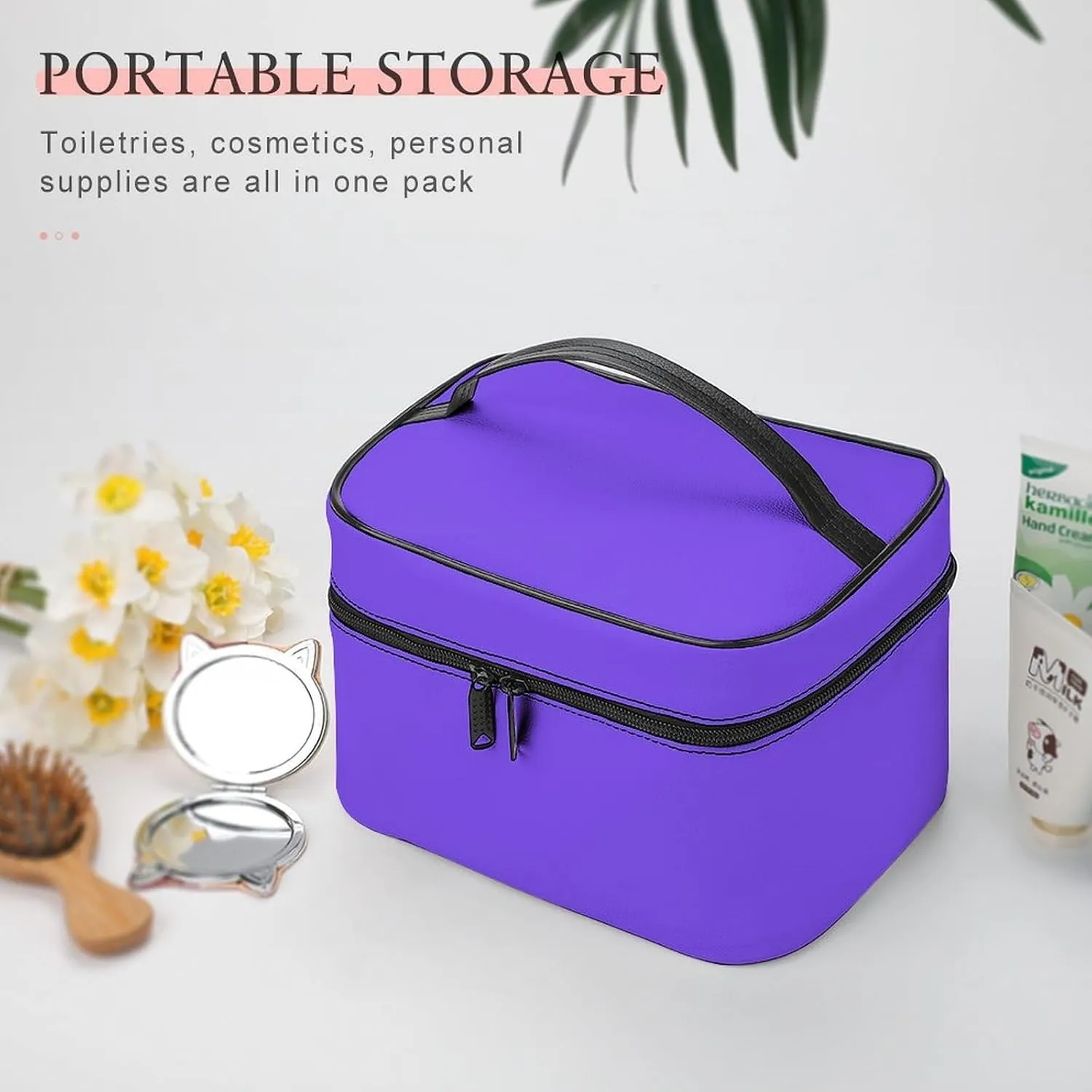 Leather Cosmetic Case, Bright Purple Portable Makeup Bag Organizer Large Capacity Travel Toiletry Bag with Zipper