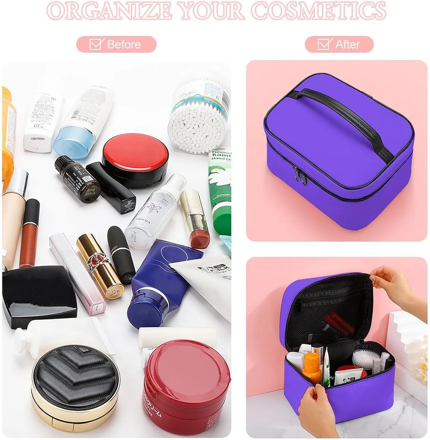 Leather Cosmetic Case, Bright Purple Portable Makeup Bag Organizer Large Capacity Travel Toiletry Bag with Zipper