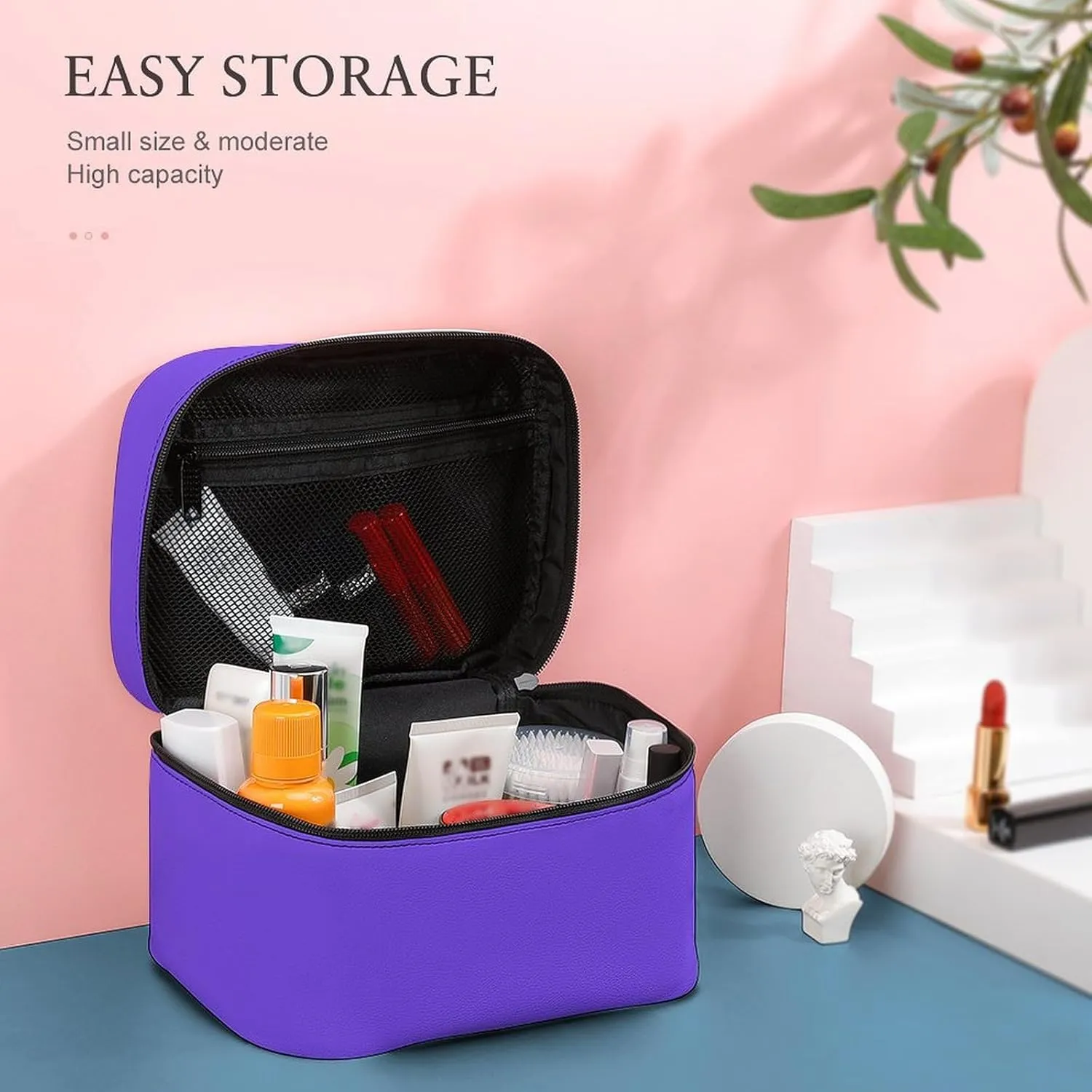 Leather Cosmetic Case, Bright Purple Portable Makeup Bag Organizer Large Capacity Travel Toiletry Bag with Zipper