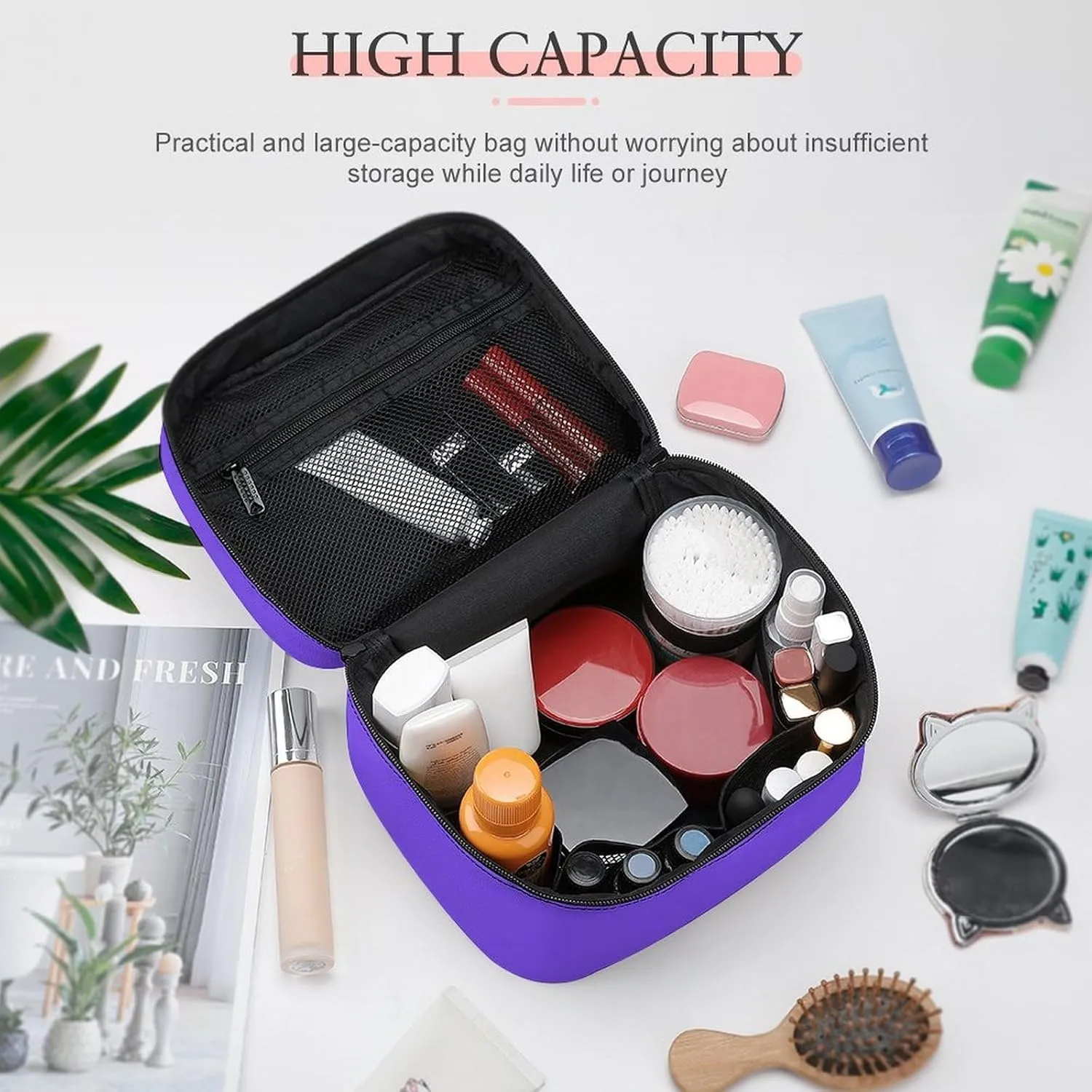 Leather Cosmetic Case, Bright Purple Portable Makeup Bag Organizer Large Capacity Travel Toiletry Bag with Zipper