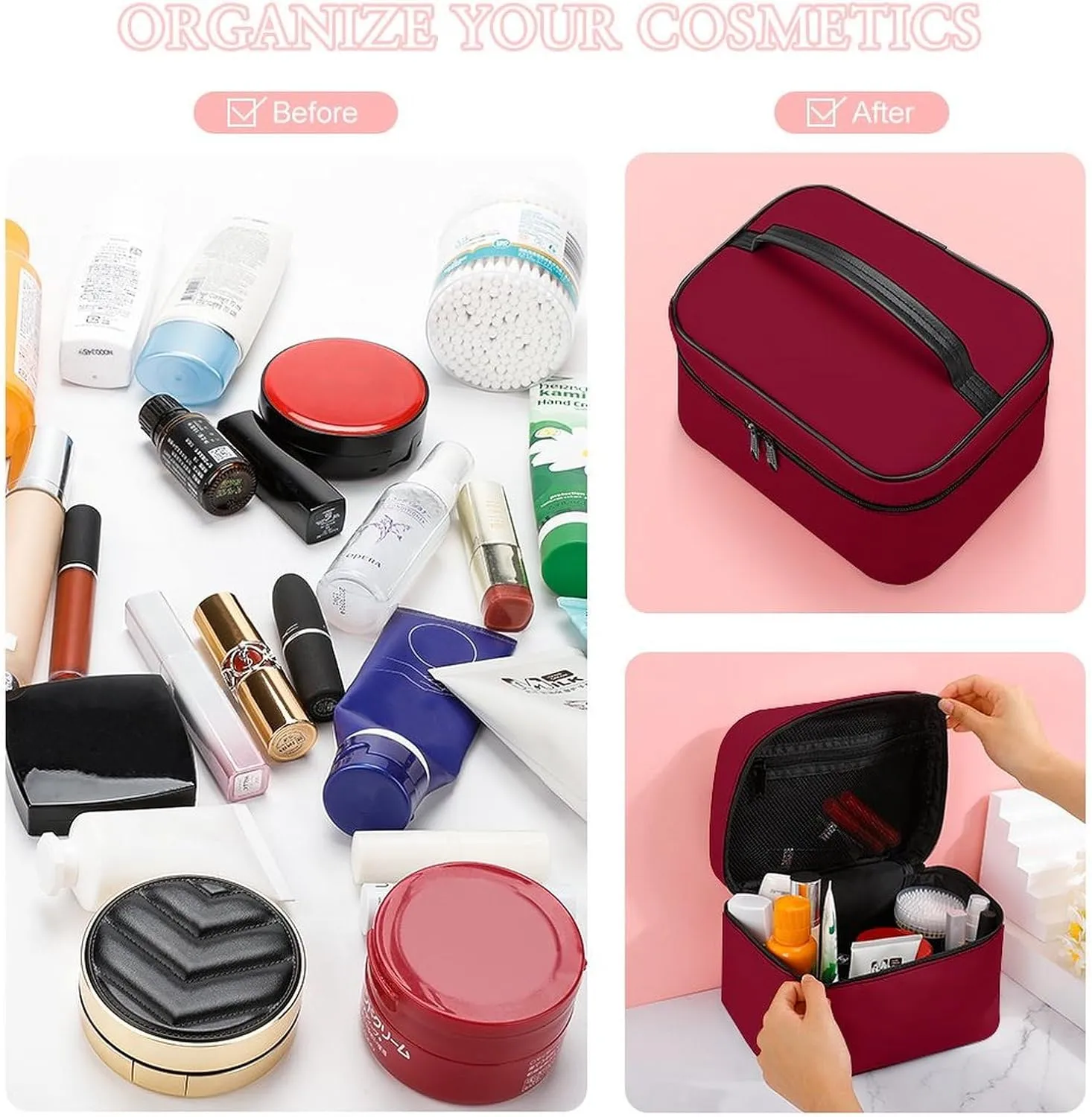 Leather Cosmetic Case, Burgundy Trend Color Portable Makeup Bag Organizer Large Capacity Travel Toiletry Bag with Zipper