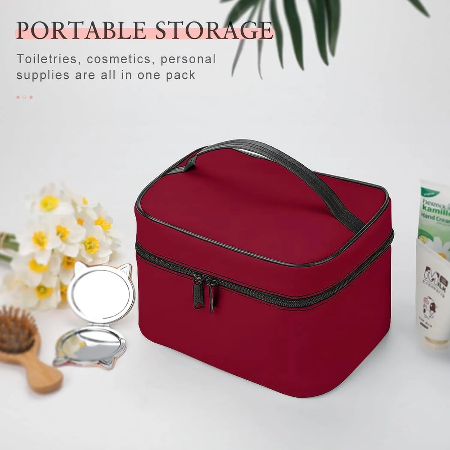 Leather Cosmetic Case, Burgundy Trend Color Portable Makeup Bag Organizer Large Capacity Travel Toiletry Bag with Zipper