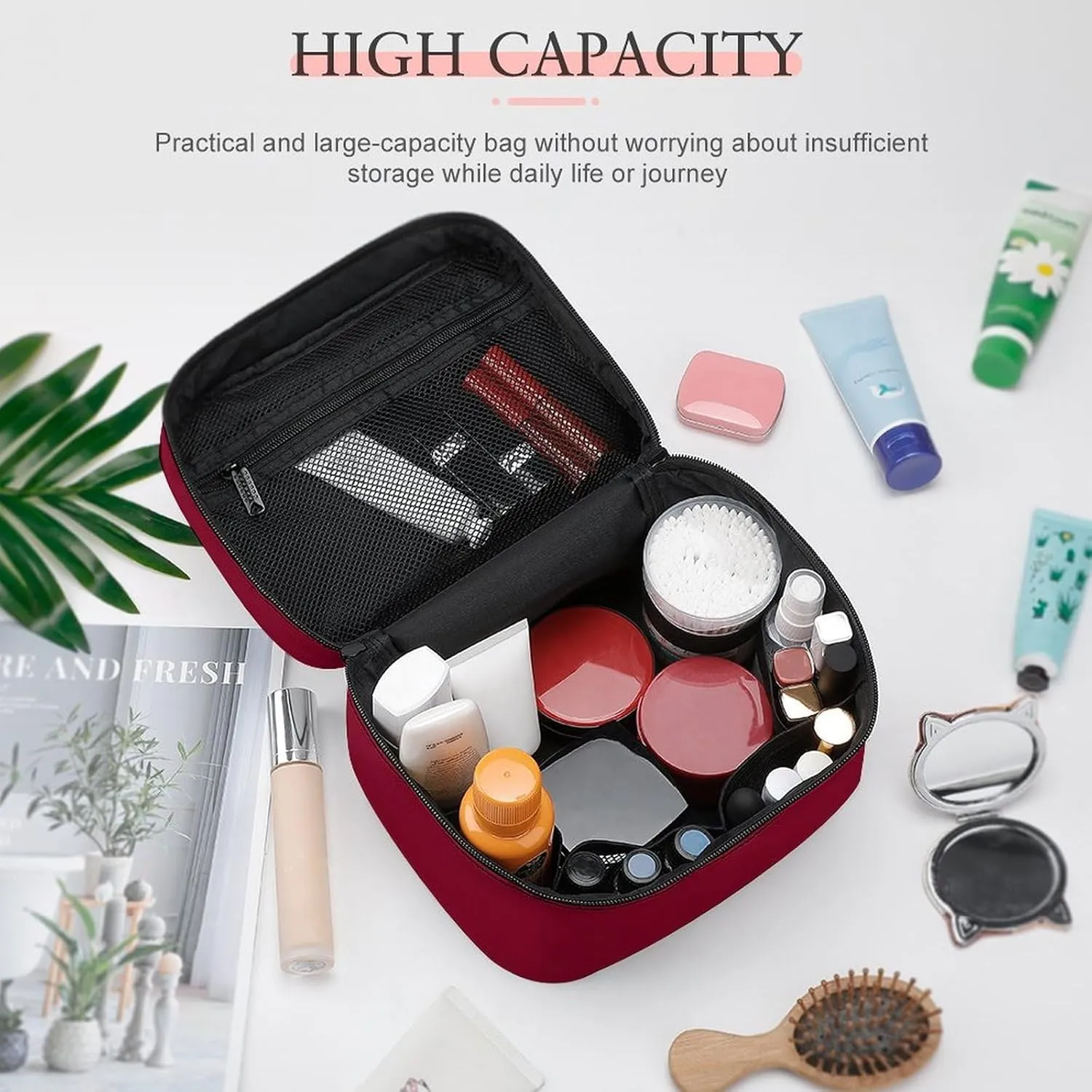Leather Cosmetic Case, Burgundy Trend Color Portable Makeup Bag Organizer Large Capacity Travel Toiletry Bag with Zipper