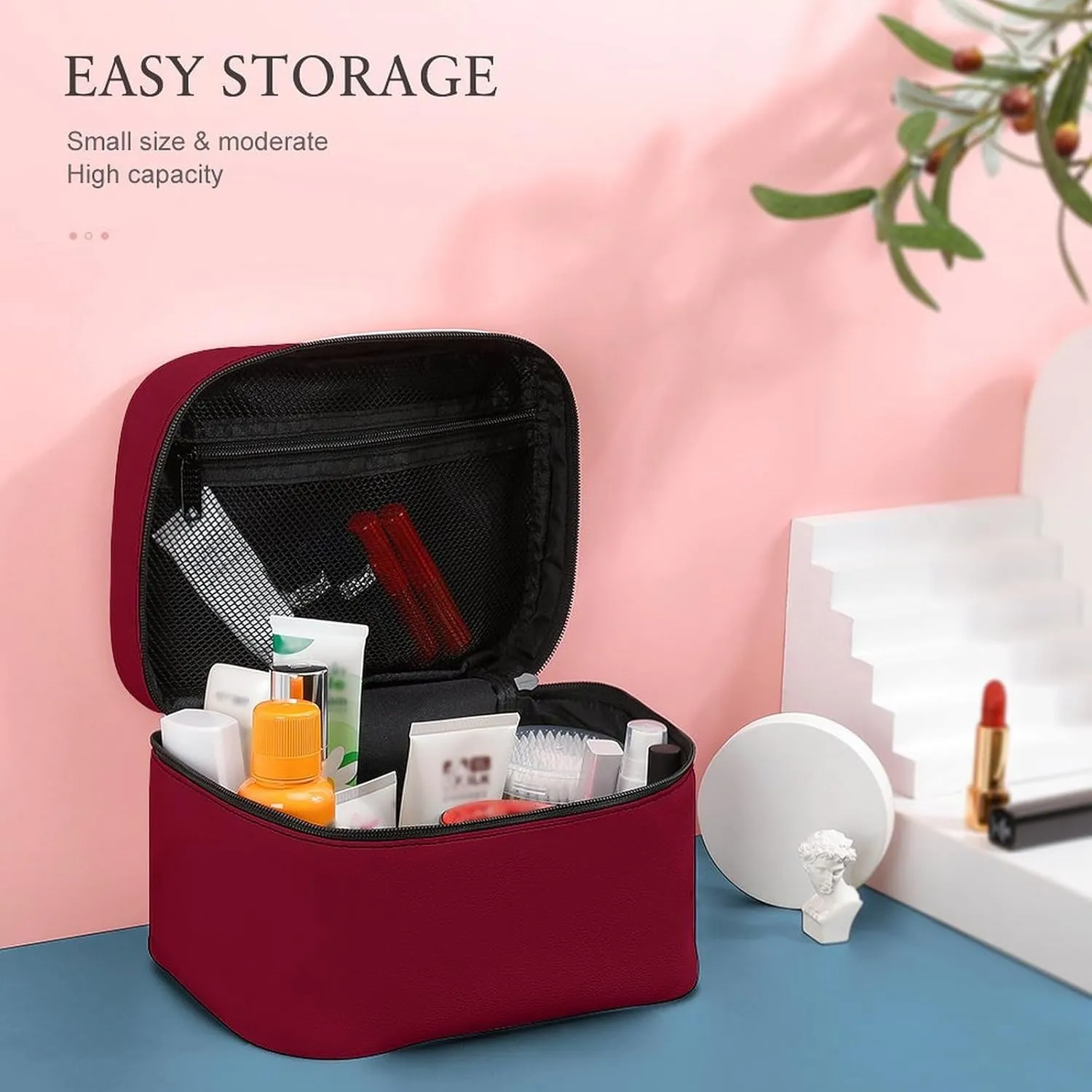 Leather Cosmetic Case, Burgundy Trend Color Portable Makeup Bag Organizer Large Capacity Travel Toiletry Bag with Zipper