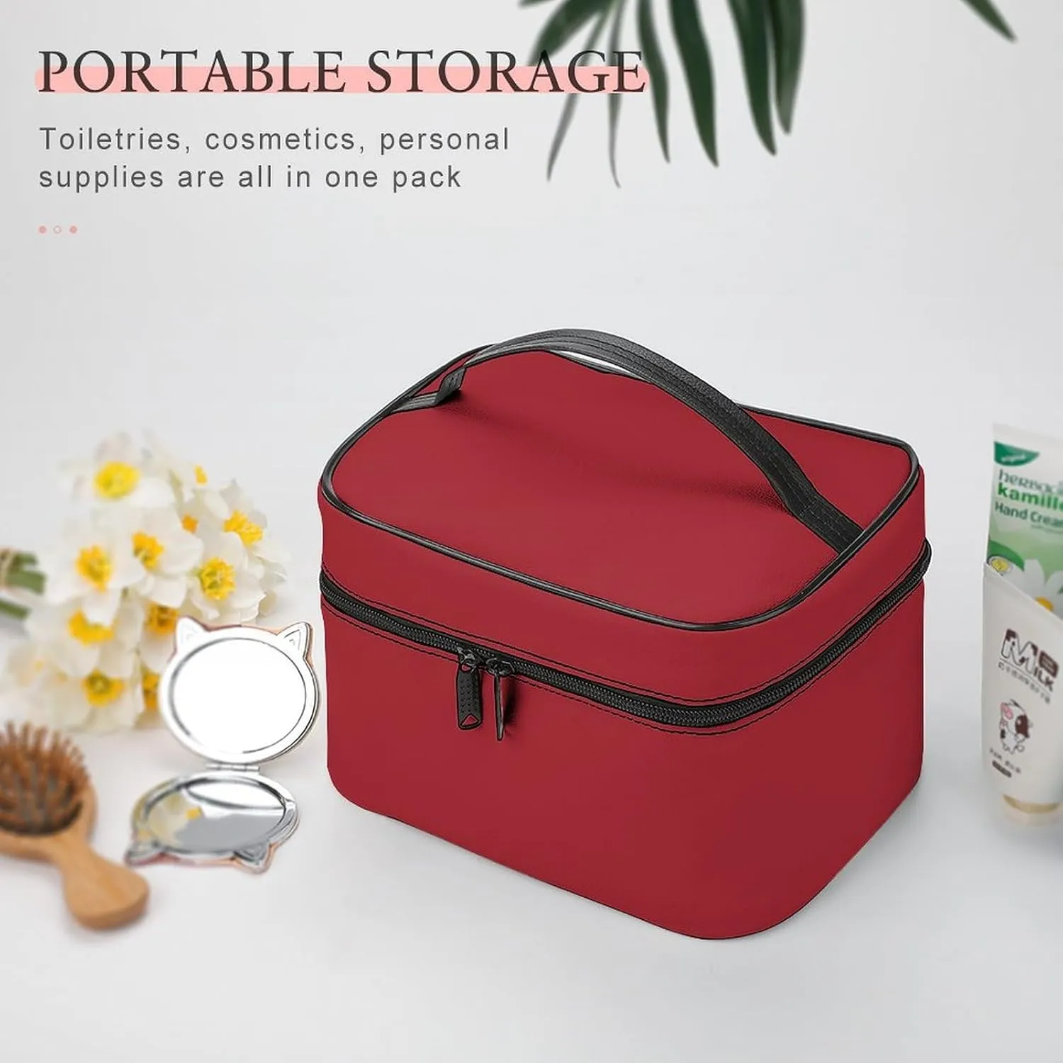 Leather Cosmetic Case, Classic Red Portable Makeup Bag Organizer Large Capacity Travel Toiletry Bag with Zipper