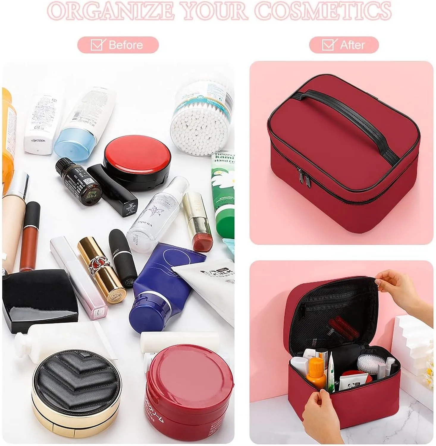 Leather Cosmetic Case, Classic Red Portable Makeup Bag Organizer Large Capacity Travel Toiletry Bag with Zipper