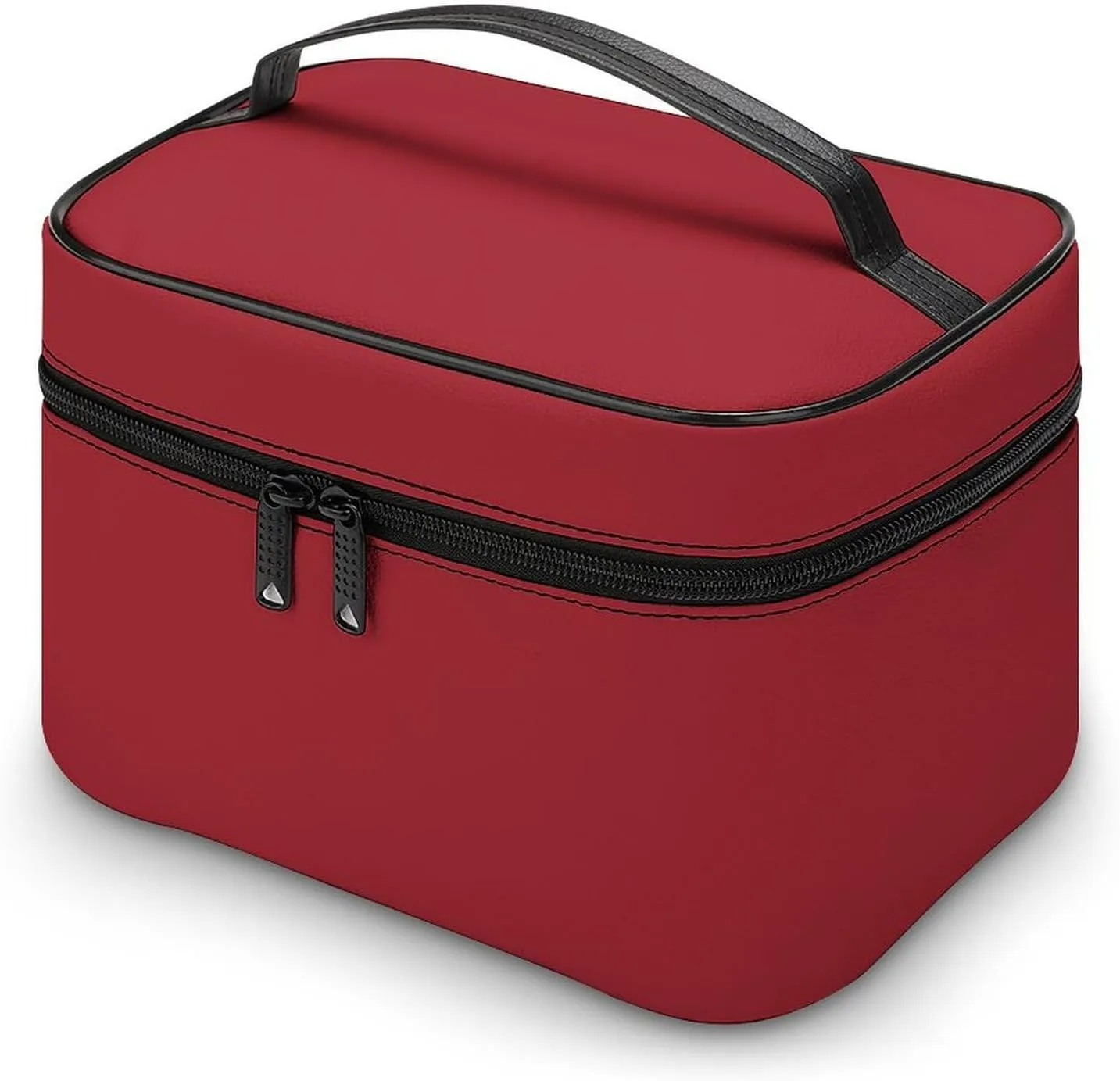Leather Cosmetic Case, Classic Red Portable Makeup Bag Organizer Large Capacity Travel Toiletry Bag with Zipper