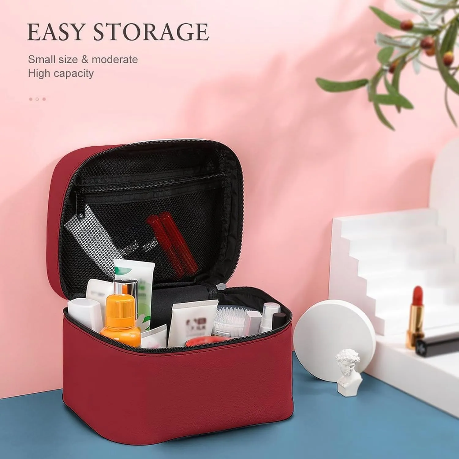 Leather Cosmetic Case, Classic Red Portable Makeup Bag Organizer Large Capacity Travel Toiletry Bag with Zipper