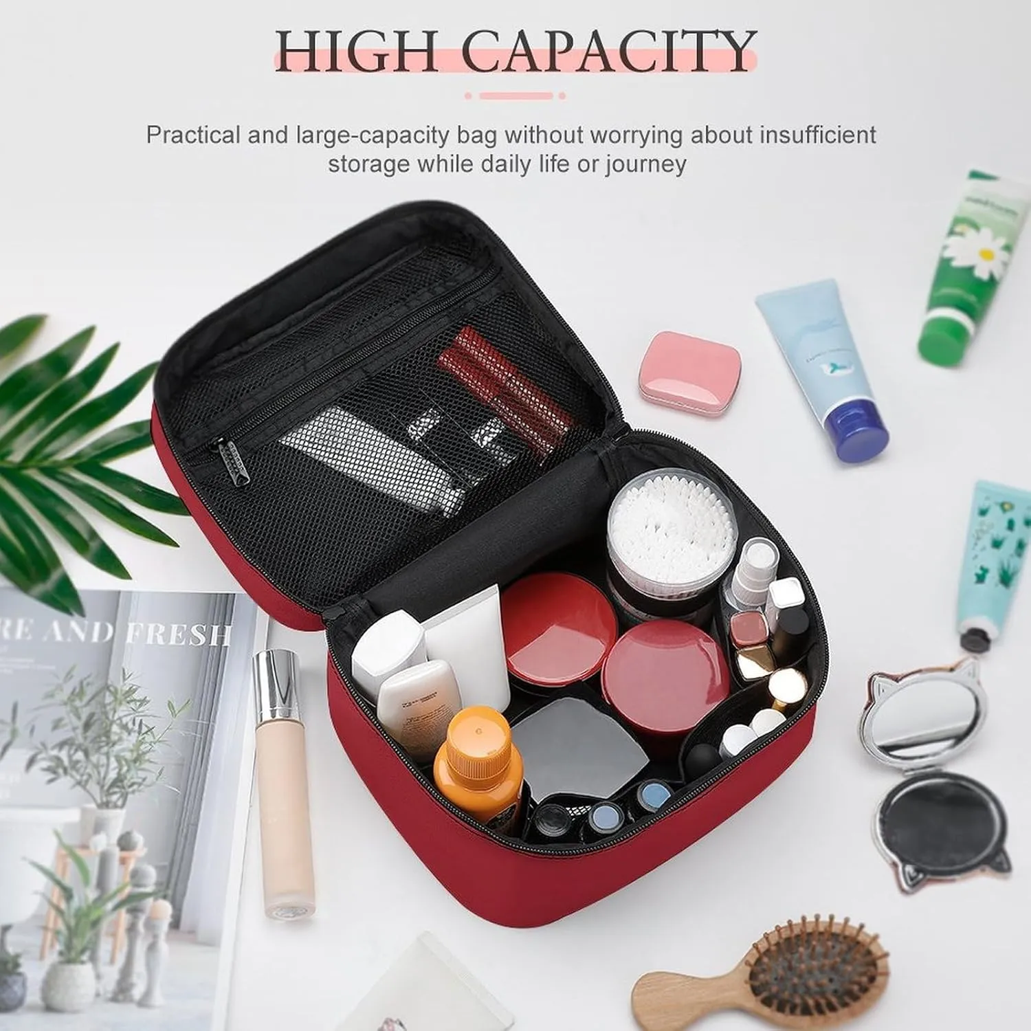Leather Cosmetic Case, Classic Red Portable Makeup Bag Organizer Large Capacity Travel Toiletry Bag with Zipper