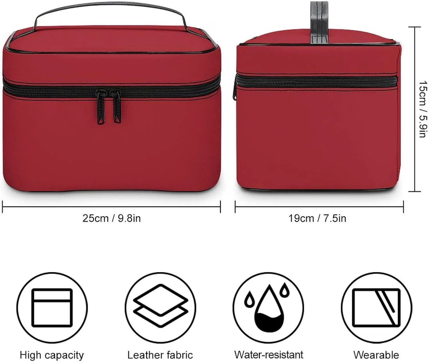 Leather Cosmetic Case, Classic Red Portable Makeup Bag Organizer Large Capacity Travel Toiletry Bag with Zipper