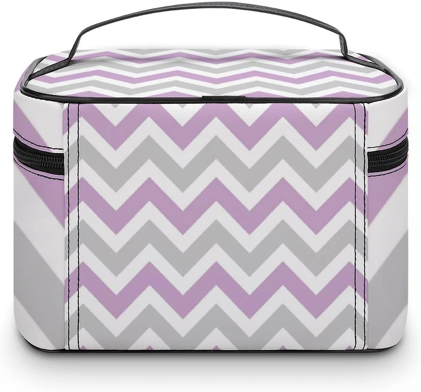Leather Cosmetic Case, Gray and Lilac Purple Chevron Portable Makeup Bag Organizer Large Capacity Travel Toiletry Bag with Zipper
