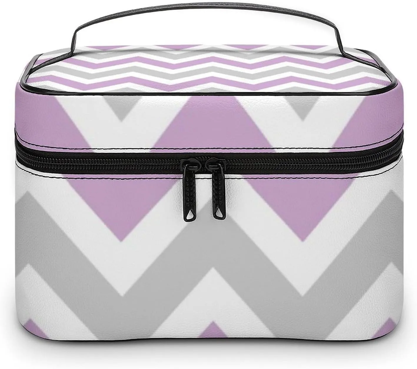 Leather Cosmetic Case, Gray and Lilac Purple Chevron Portable Makeup Bag Organizer Large Capacity Travel Toiletry Bag with Zipper