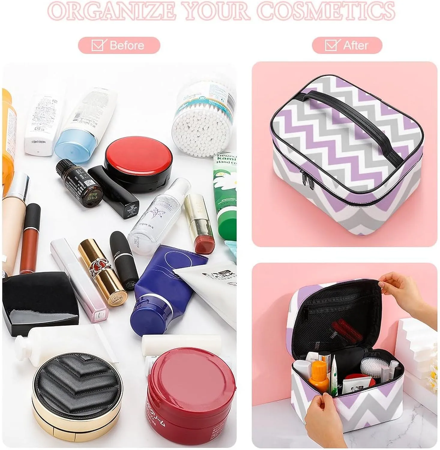 Leather Cosmetic Case, Gray and Lilac Purple Chevron Portable Makeup Bag Organizer Large Capacity Travel Toiletry Bag with Zipper