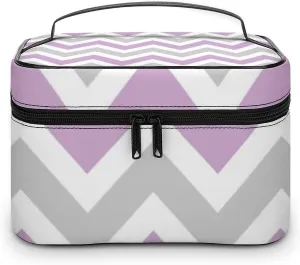 Leather Cosmetic Case, Gray and Lilac Purple Chevron Portable Makeup Bag Organizer Large Capacity Travel Toiletry Bag with Zipper