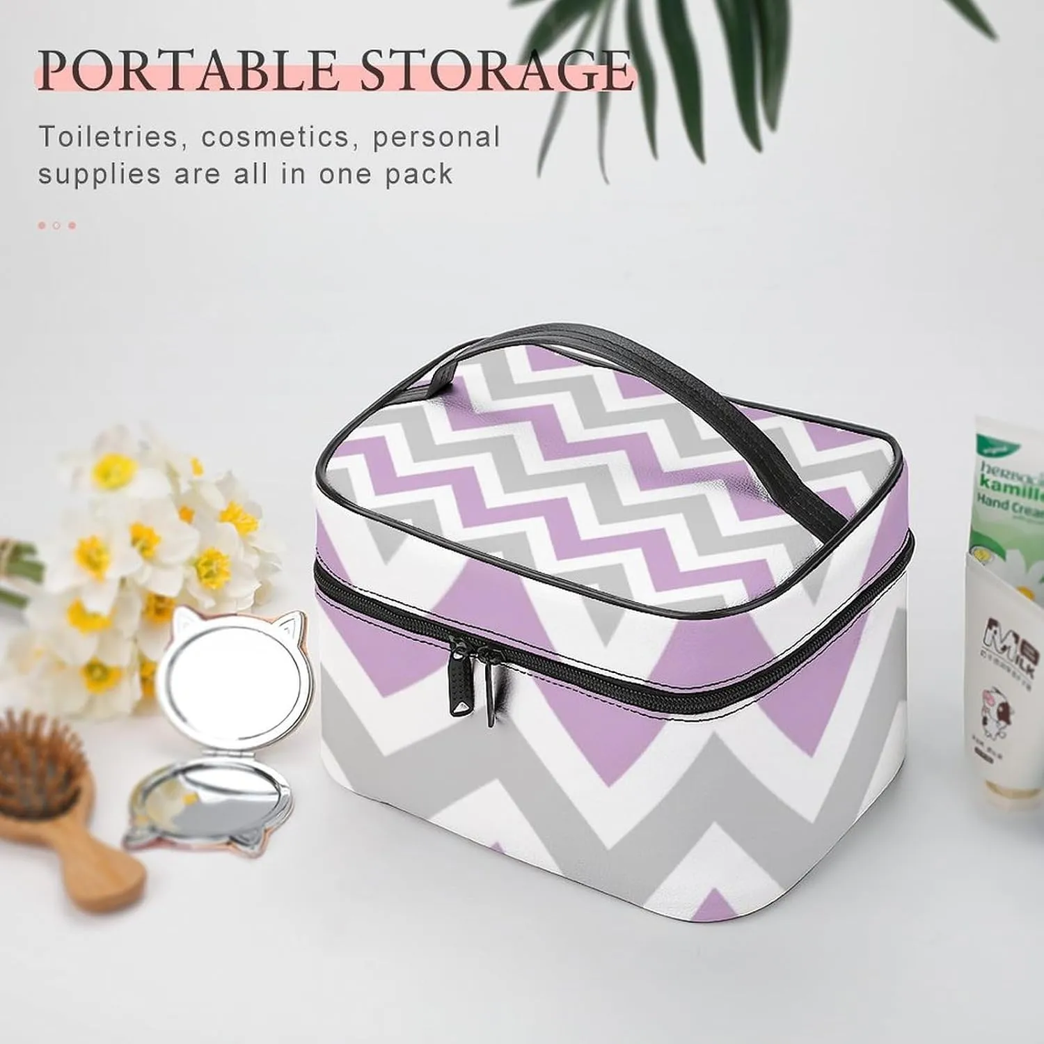 Leather Cosmetic Case, Gray and Lilac Purple Chevron Portable Makeup Bag Organizer Large Capacity Travel Toiletry Bag with Zipper
