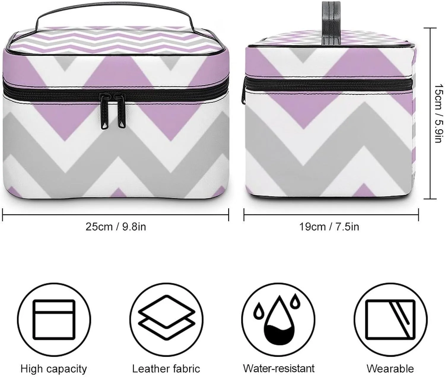 Leather Cosmetic Case, Gray and Lilac Purple Chevron Portable Makeup Bag Organizer Large Capacity Travel Toiletry Bag with Zipper
