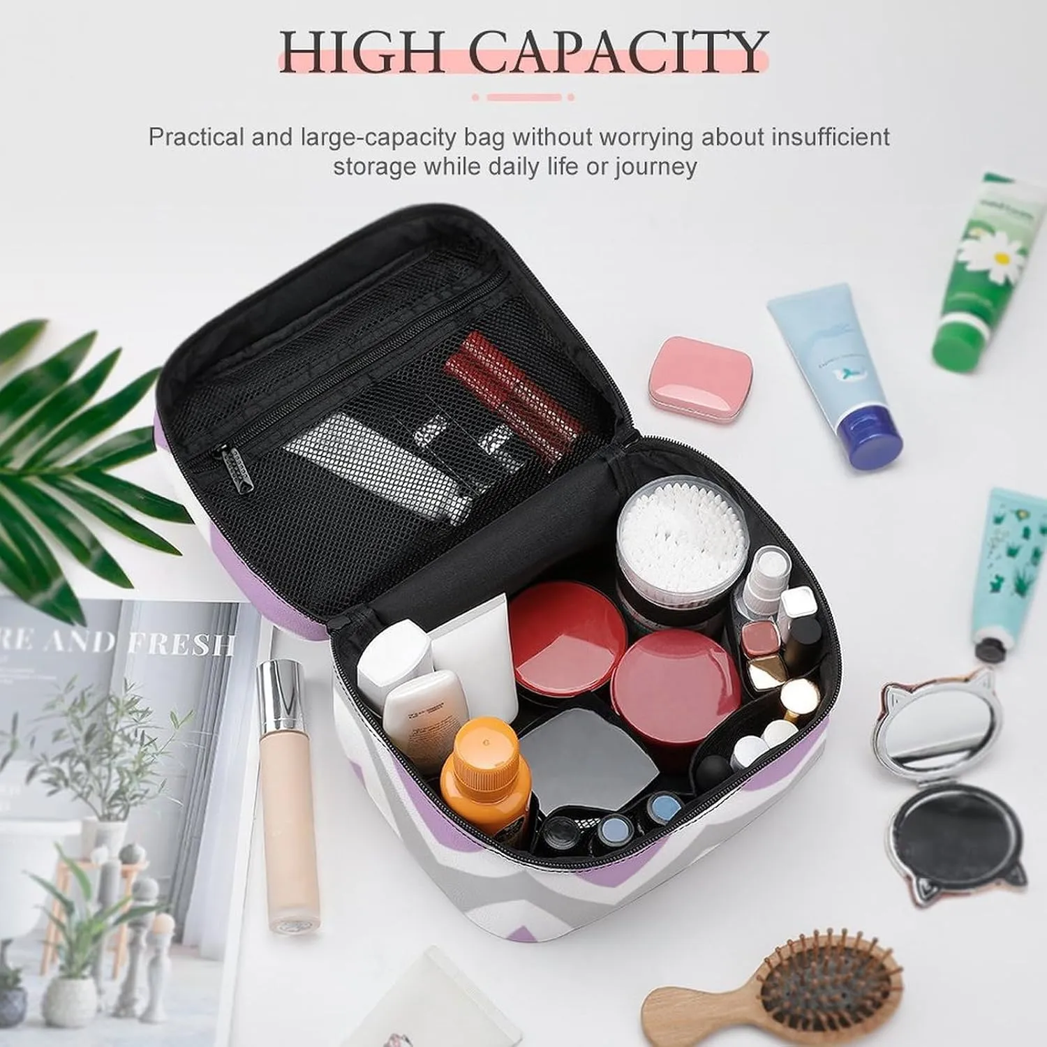 Leather Cosmetic Case, Gray and Lilac Purple Chevron Portable Makeup Bag Organizer Large Capacity Travel Toiletry Bag with Zipper