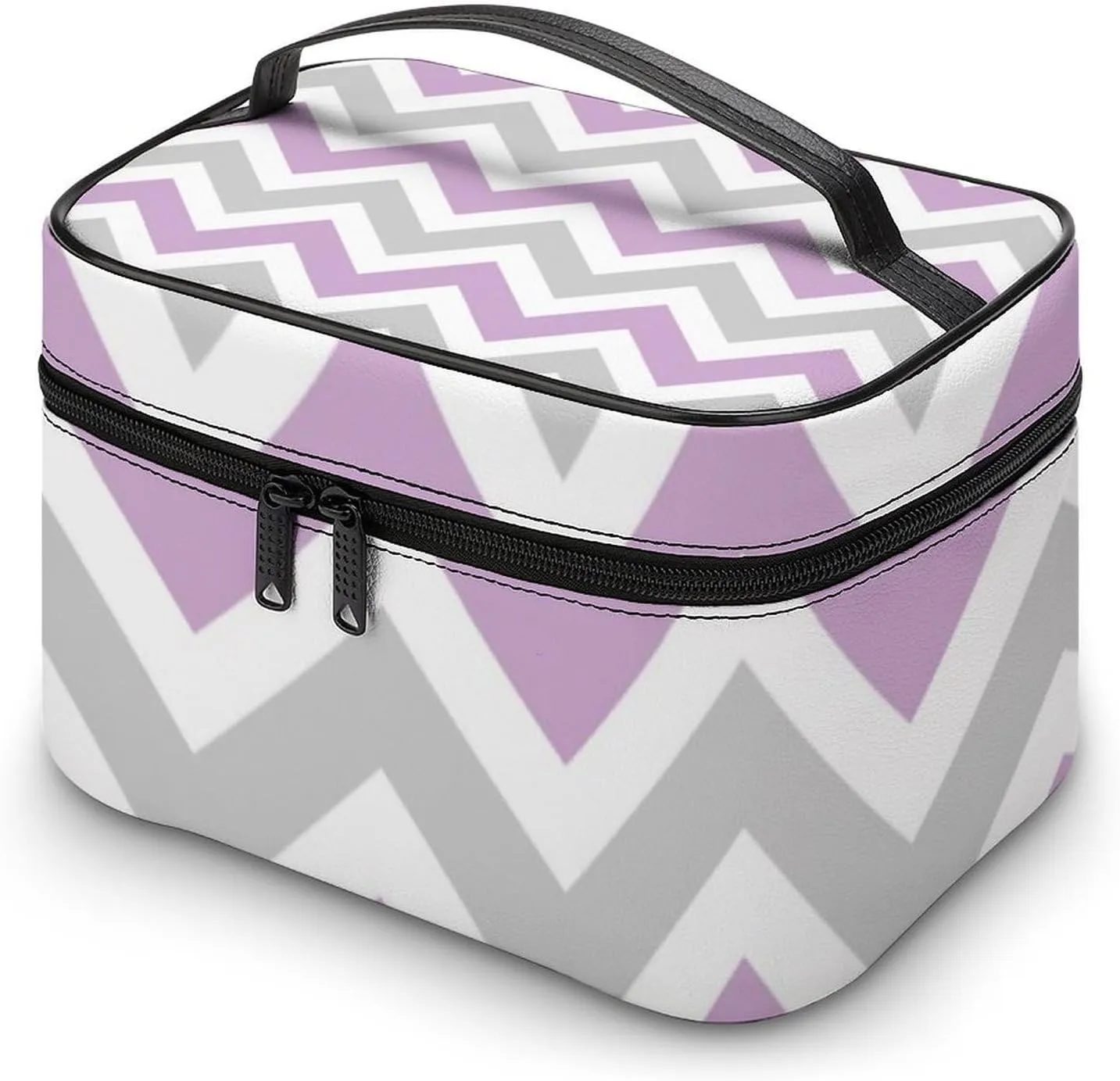 Leather Cosmetic Case, Gray and Lilac Purple Chevron Portable Makeup Bag Organizer Large Capacity Travel Toiletry Bag with Zipper