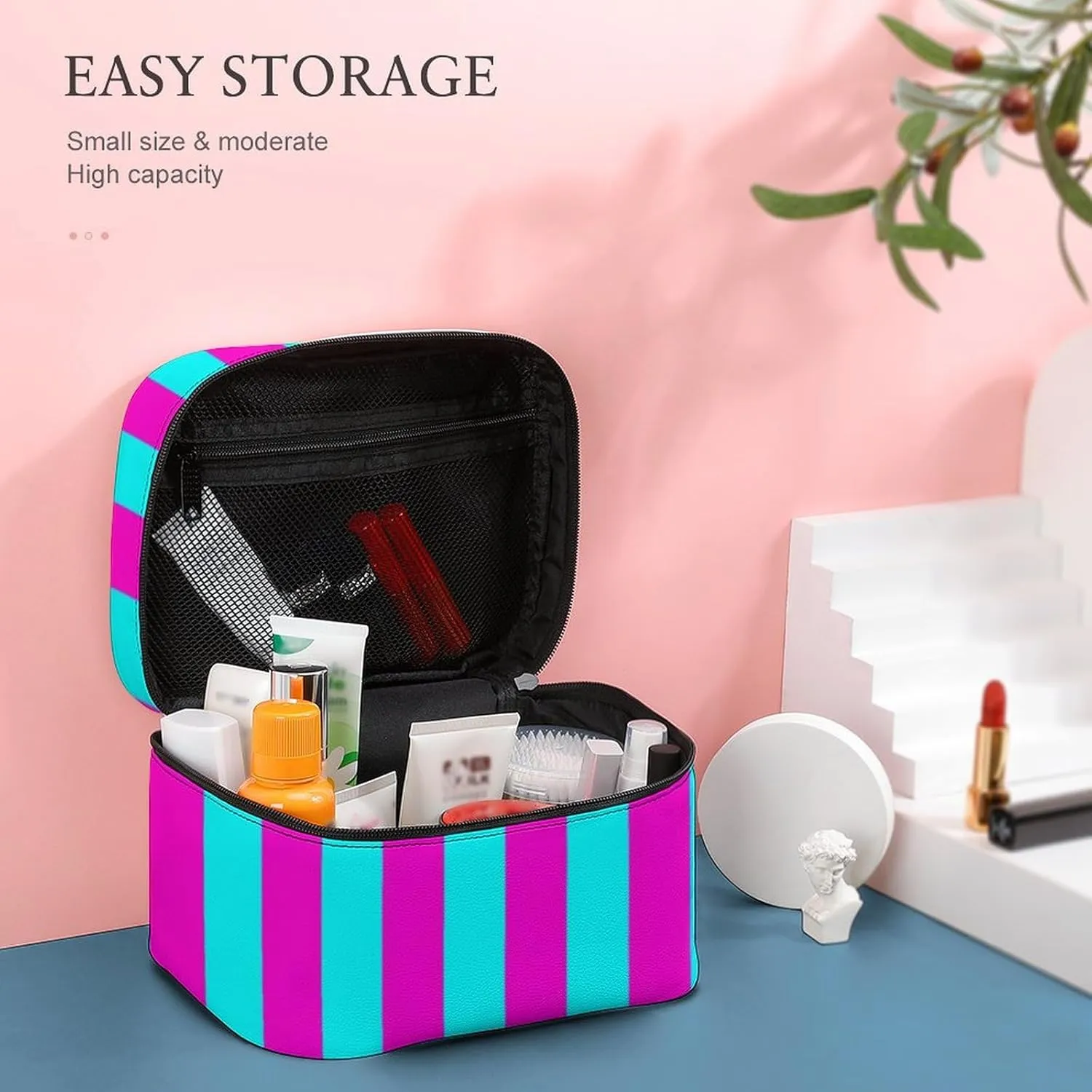 Leather Cosmetic Case, Hot Pink and Turquoise Stripes Portable Makeup Bag Organizer Large Capacity Travel Toiletry Bag with Zipper