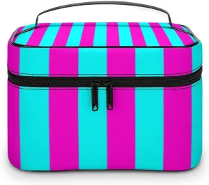 Leather Cosmetic Case, Hot Pink and Turquoise Stripes Portable Makeup Bag Organizer Large Capacity Travel Toiletry Bag with Zipper