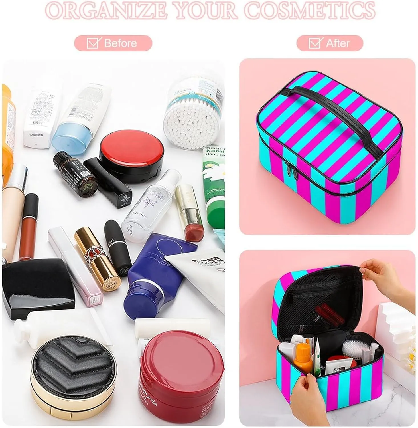 Leather Cosmetic Case, Hot Pink and Turquoise Stripes Portable Makeup Bag Organizer Large Capacity Travel Toiletry Bag with Zipper