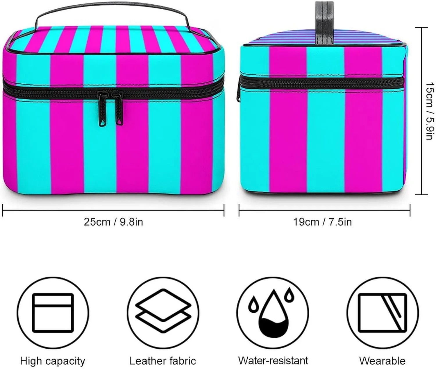 Leather Cosmetic Case, Hot Pink and Turquoise Stripes Portable Makeup Bag Organizer Large Capacity Travel Toiletry Bag with Zipper