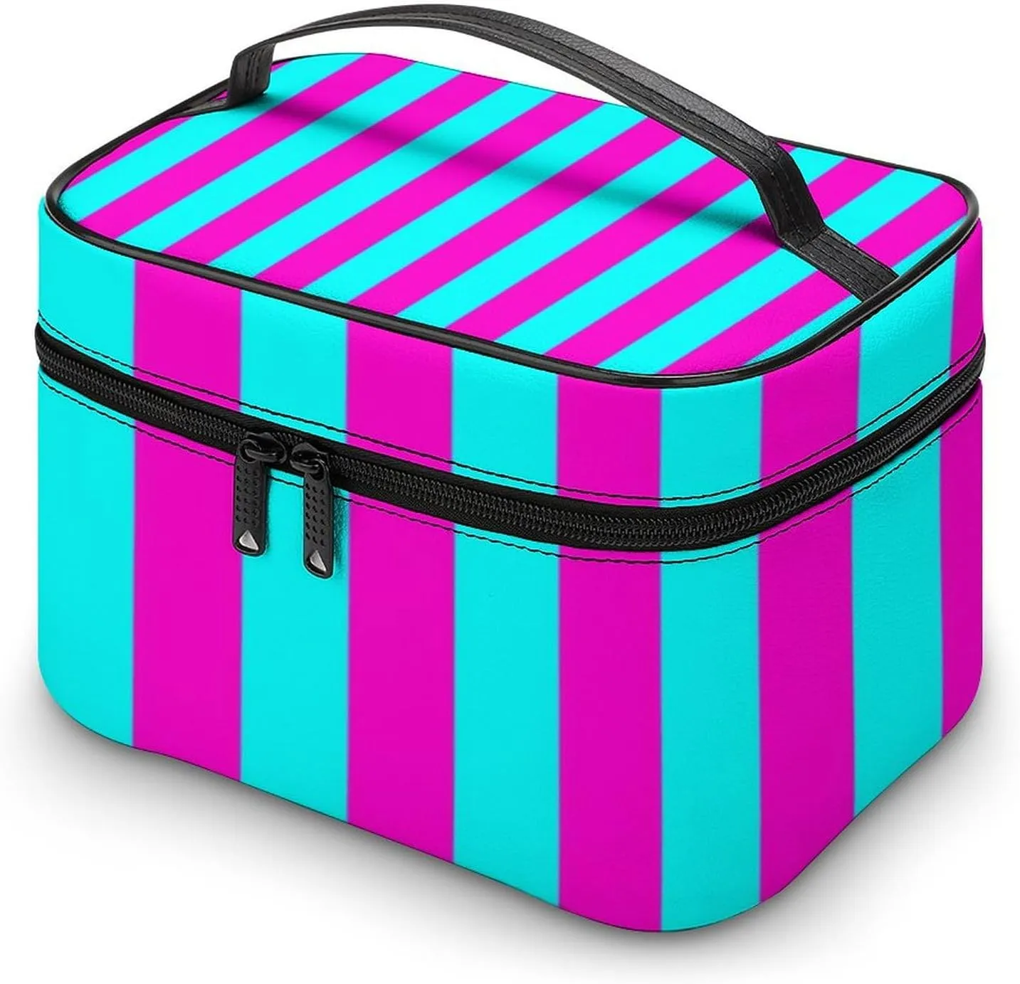 Leather Cosmetic Case, Hot Pink and Turquoise Stripes Portable Makeup Bag Organizer Large Capacity Travel Toiletry Bag with Zipper