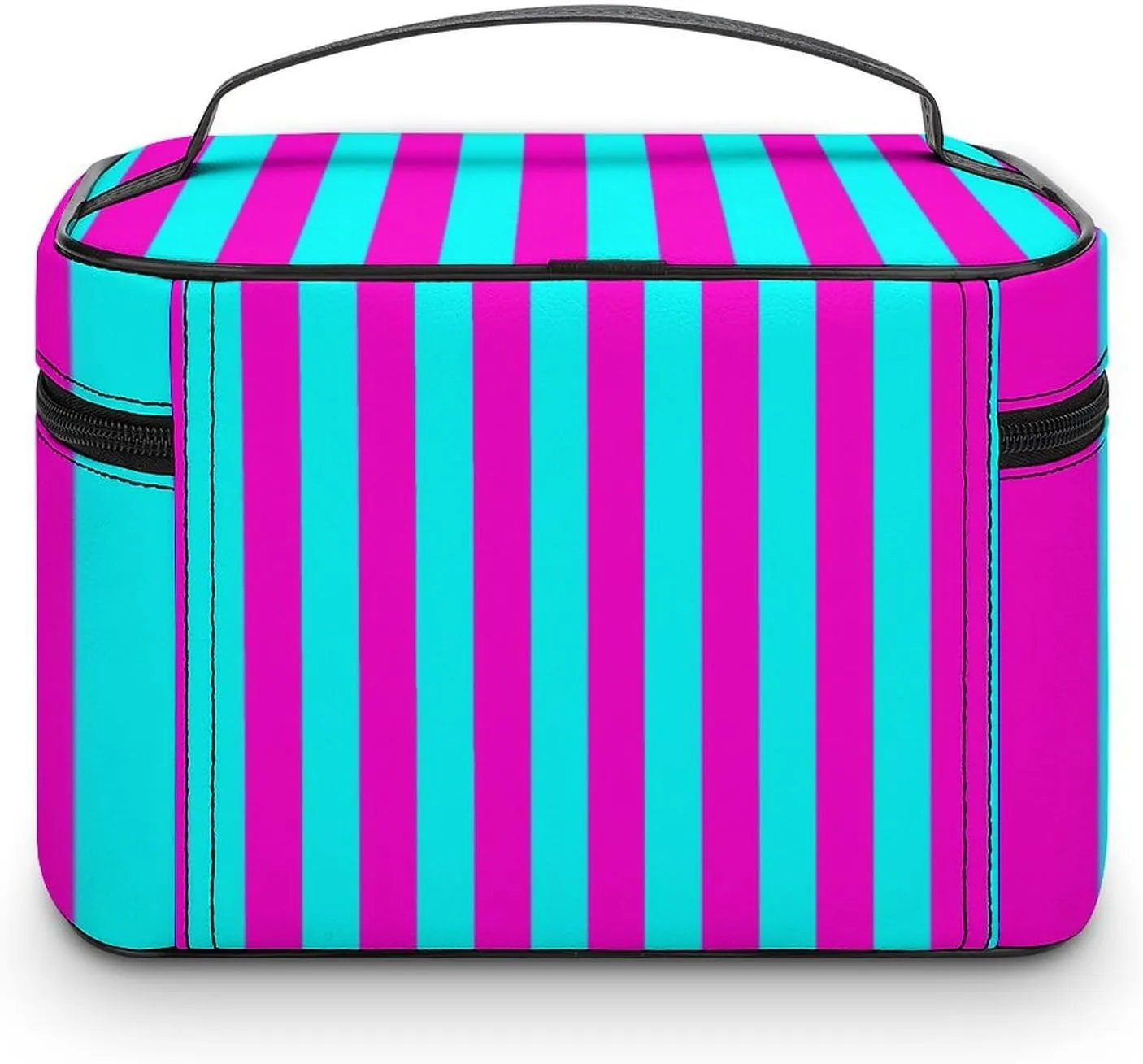 Leather Cosmetic Case, Hot Pink and Turquoise Stripes Portable Makeup Bag Organizer Large Capacity Travel Toiletry Bag with Zipper