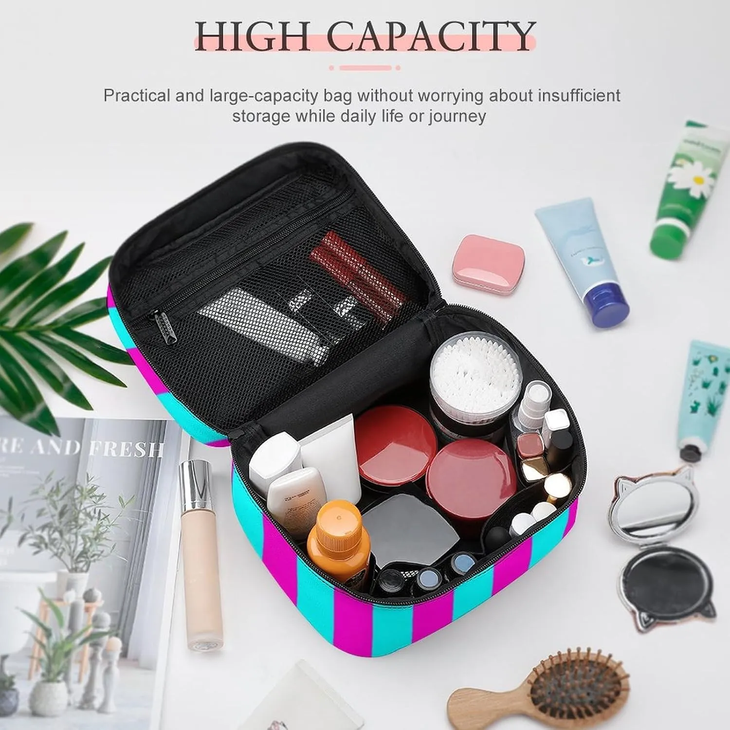 Leather Cosmetic Case, Hot Pink and Turquoise Stripes Portable Makeup Bag Organizer Large Capacity Travel Toiletry Bag with Zipper