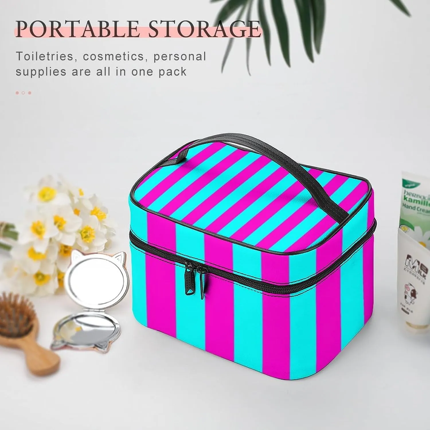 Leather Cosmetic Case, Hot Pink and Turquoise Stripes Portable Makeup Bag Organizer Large Capacity Travel Toiletry Bag with Zipper
