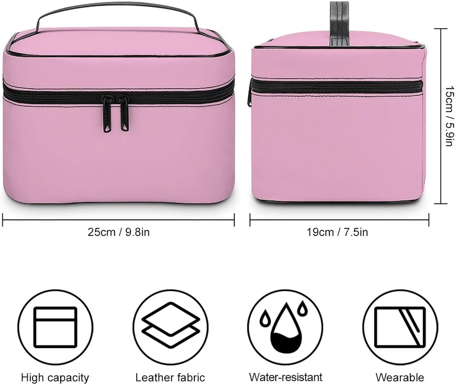 Leather Cosmetic Case, Light Pink Portable Makeup Bag Organizer Large Capacity Travel Toiletry Bag with Zipper