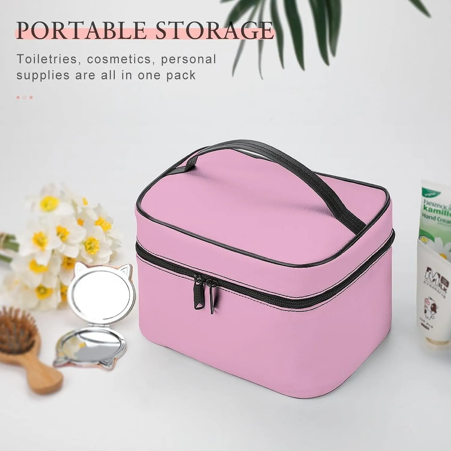 Leather Cosmetic Case, Light Pink Portable Makeup Bag Organizer Large Capacity Travel Toiletry Bag with Zipper