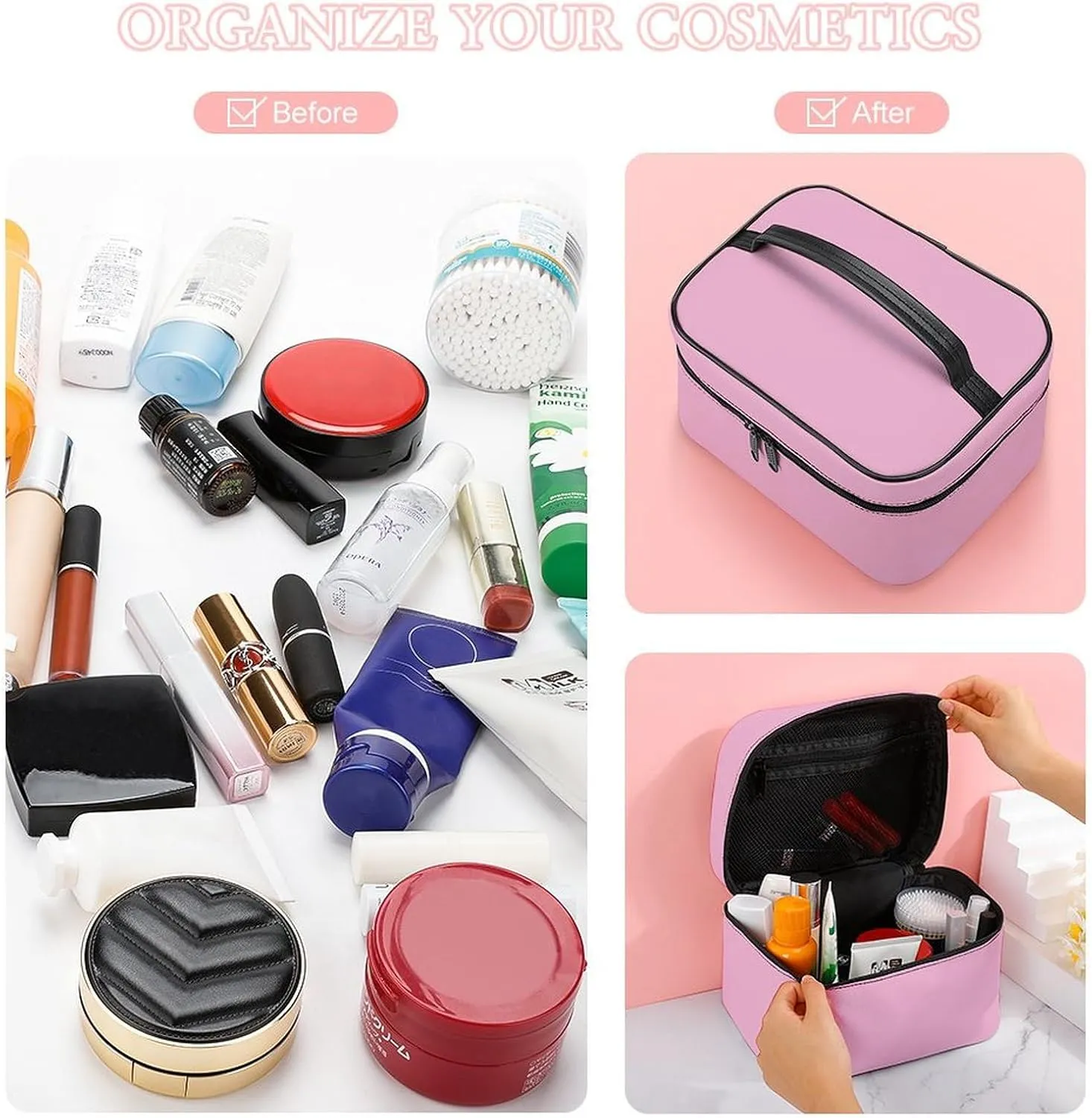 Leather Cosmetic Case, Light Pink Portable Makeup Bag Organizer Large Capacity Travel Toiletry Bag with Zipper
