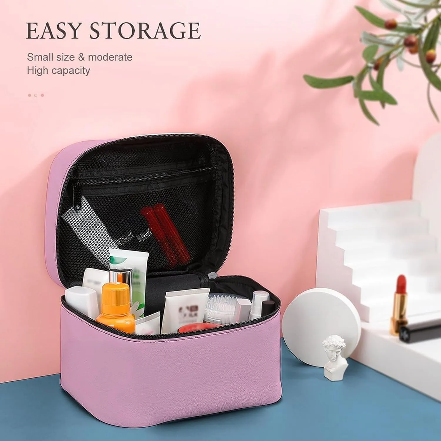 Leather Cosmetic Case, Light Pink Portable Makeup Bag Organizer Large Capacity Travel Toiletry Bag with Zipper