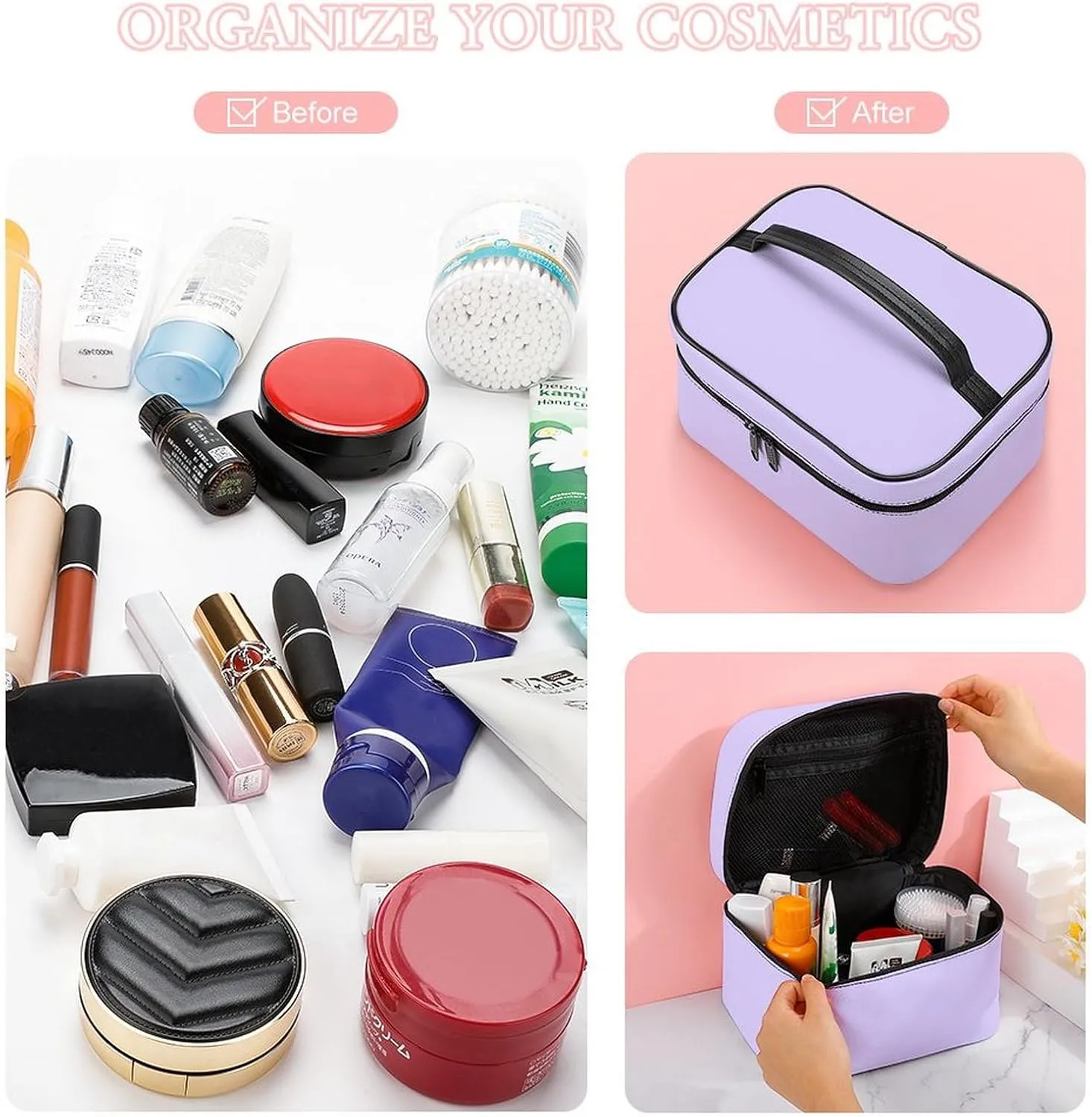 Leather Cosmetic Case, Pastel Lilac Solid Color Classic Elegant Portable Makeup Bag Organizer Large Capacity Travel Toiletry Bag with Zipper