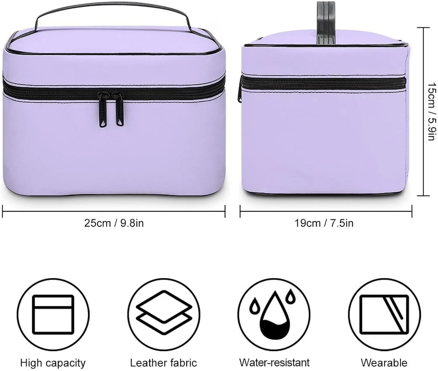 Leather Cosmetic Case, Pastel Lilac Solid Color Classic Elegant Portable Makeup Bag Organizer Large Capacity Travel Toiletry Bag with Zipper