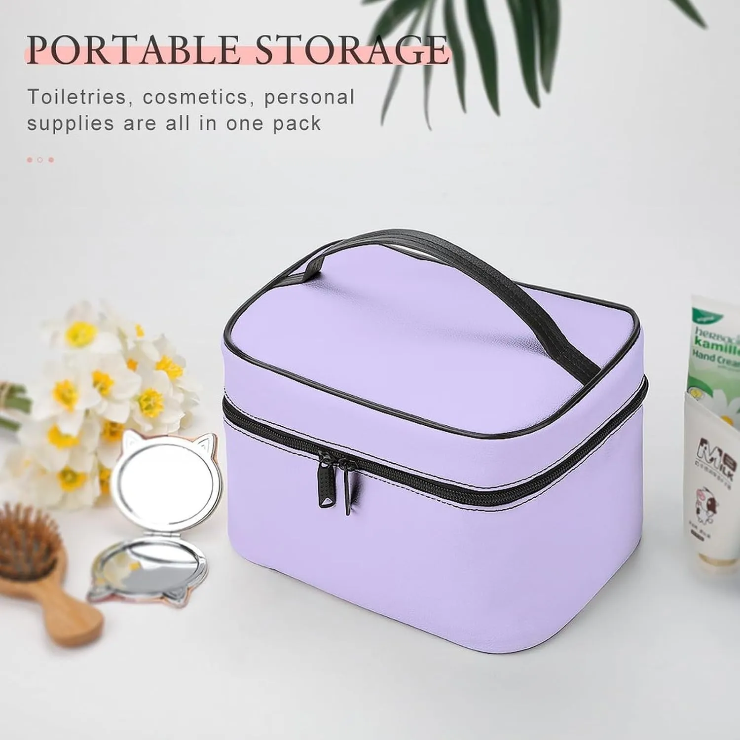Leather Cosmetic Case, Pastel Lilac Solid Color Classic Elegant Portable Makeup Bag Organizer Large Capacity Travel Toiletry Bag with Zipper