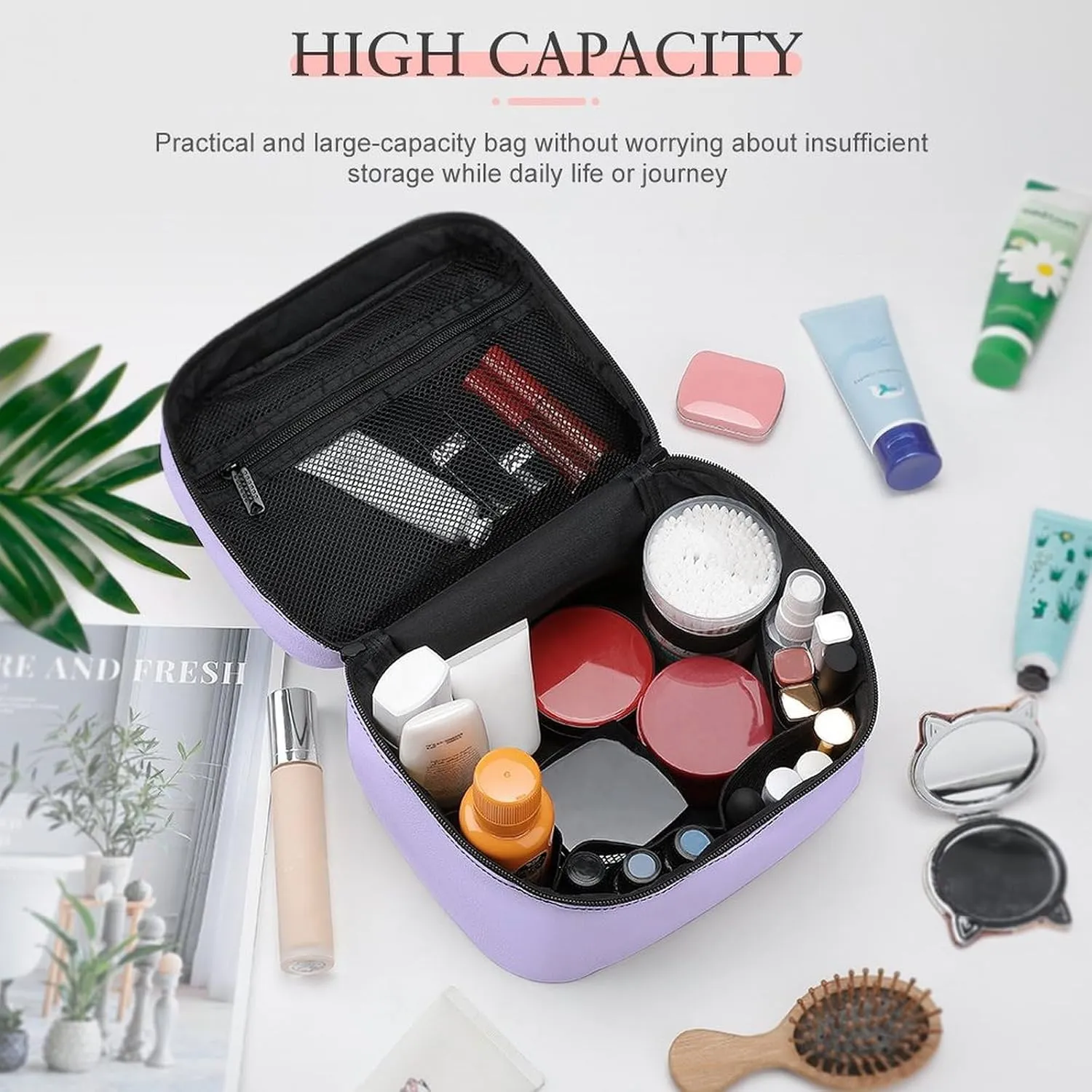 Leather Cosmetic Case, Pastel Lilac Solid Color Classic Elegant Portable Makeup Bag Organizer Large Capacity Travel Toiletry Bag with Zipper