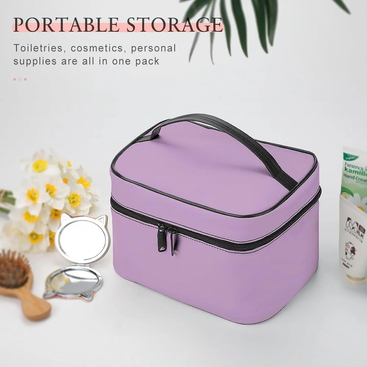 Leather Cosmetic Case, Purple Lilac Trend Color Portable Makeup Bag Organizer Large Capacity Travel Toiletry Bag with Zipper