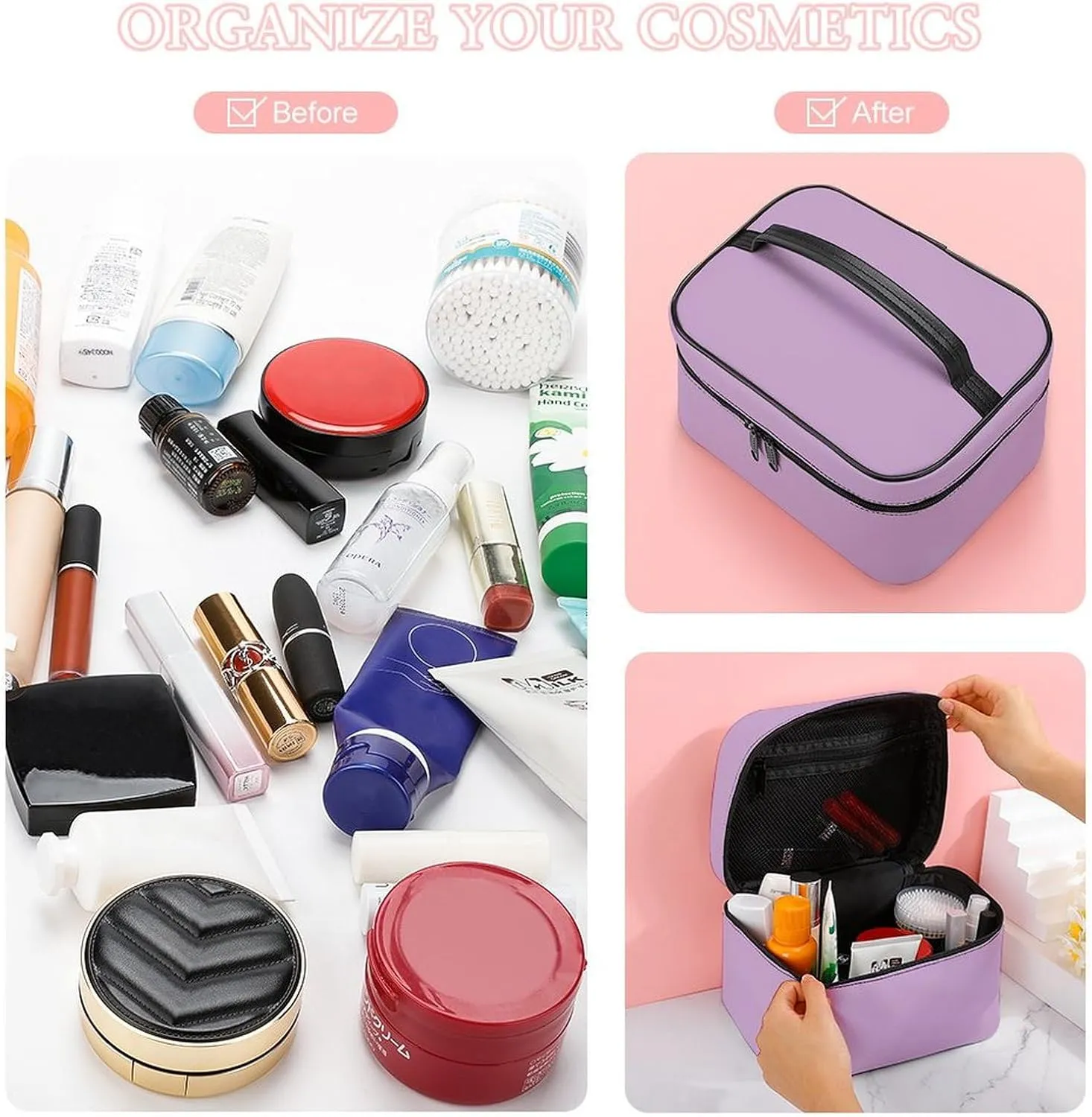 Leather Cosmetic Case, Purple Lilac Trend Color Portable Makeup Bag Organizer Large Capacity Travel Toiletry Bag with Zipper