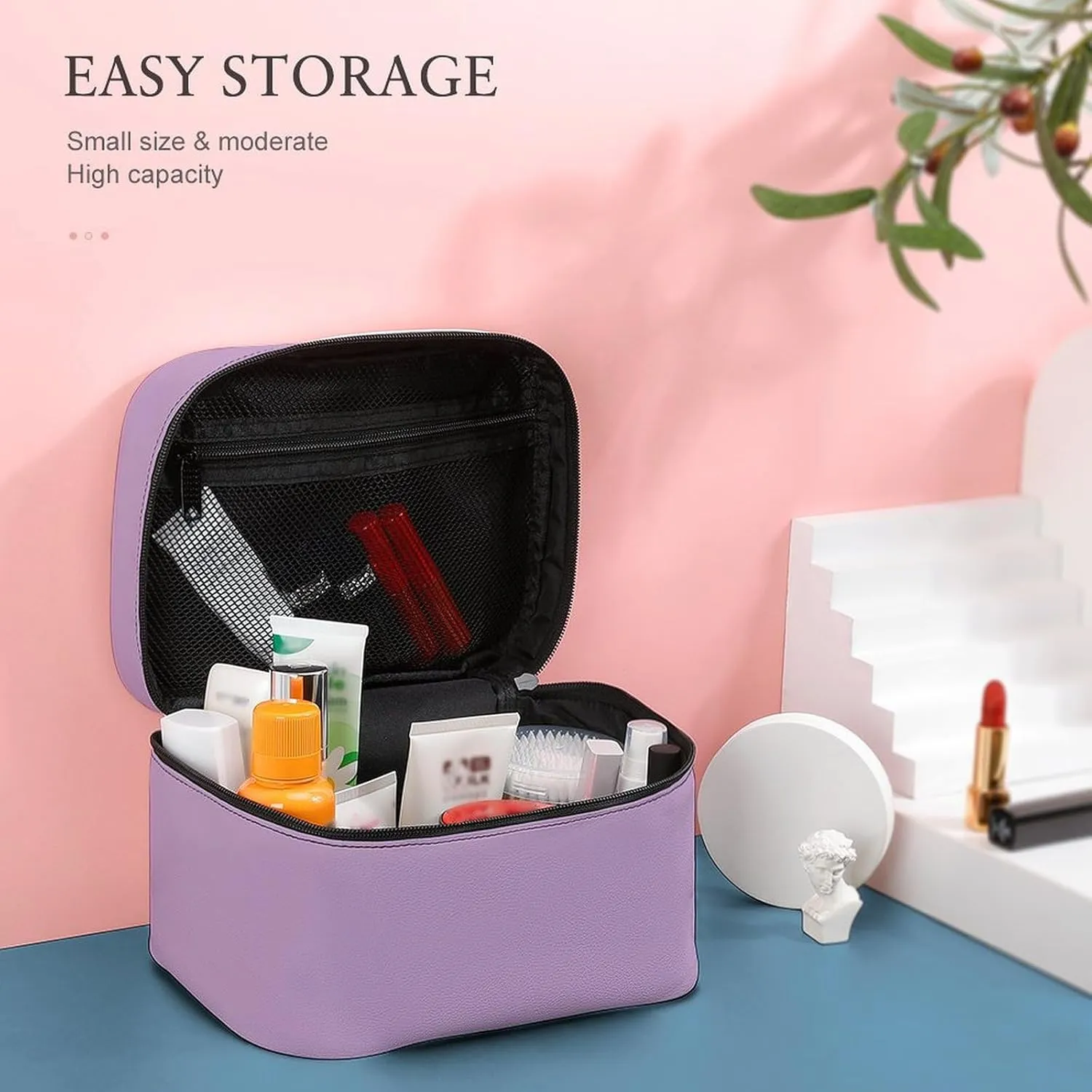 Leather Cosmetic Case, Purple Lilac Trend Color Portable Makeup Bag Organizer Large Capacity Travel Toiletry Bag with Zipper