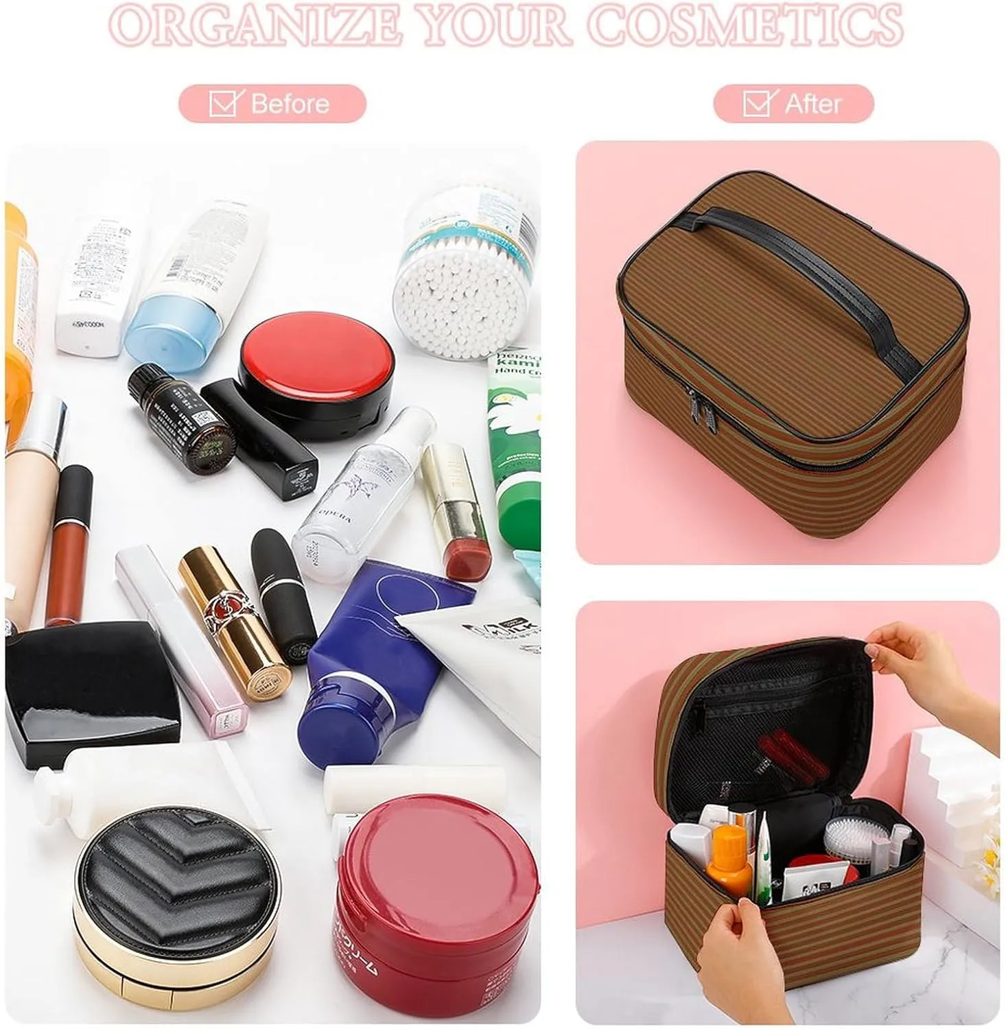 Leather Cosmetic Case, Red Candy Green Stripes Portable Makeup Bag Organizer Large Capacity Travel Toiletry Bag with Zipper