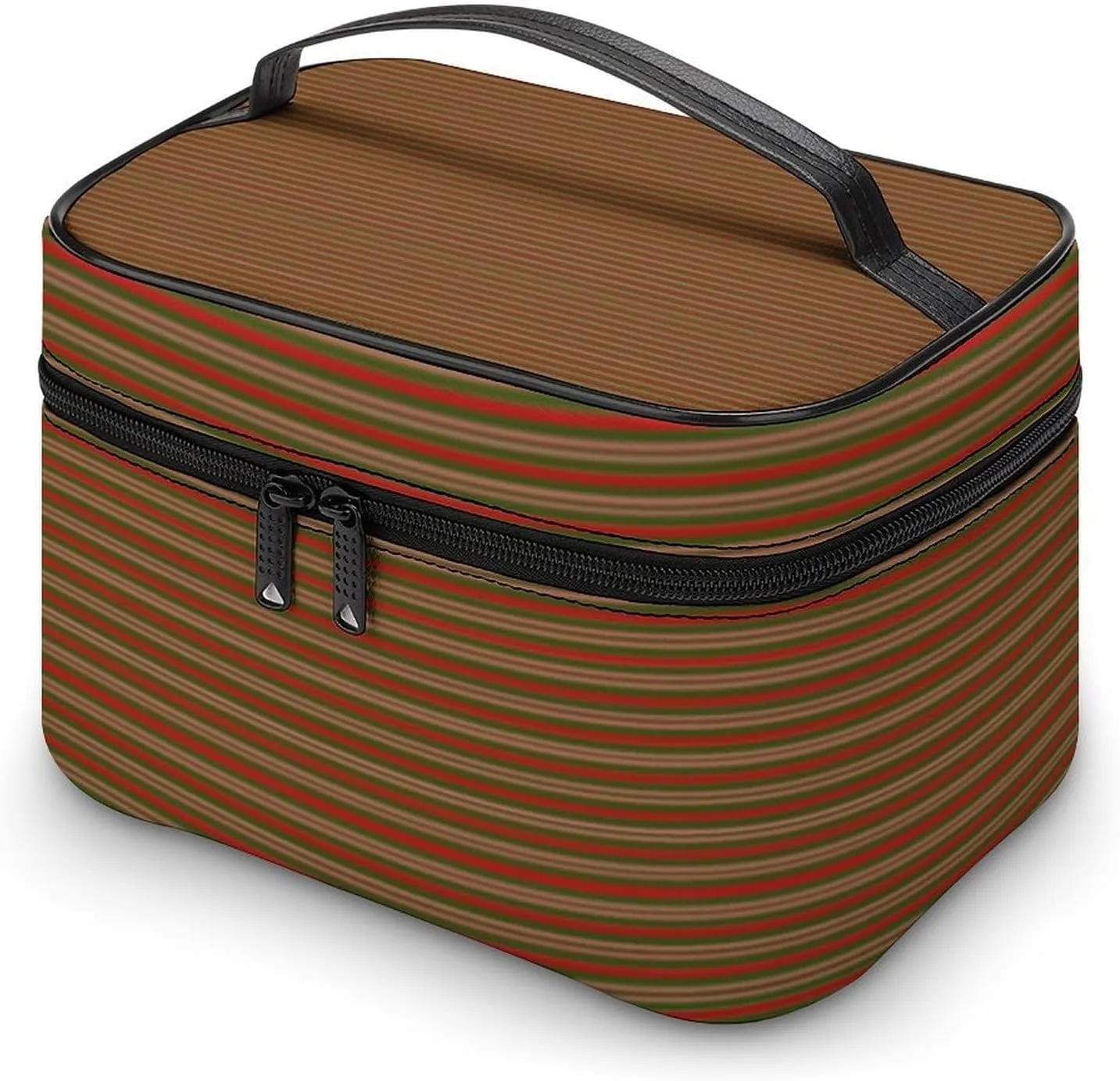 Leather Cosmetic Case, Red Candy Green Stripes Portable Makeup Bag Organizer Large Capacity Travel Toiletry Bag with Zipper